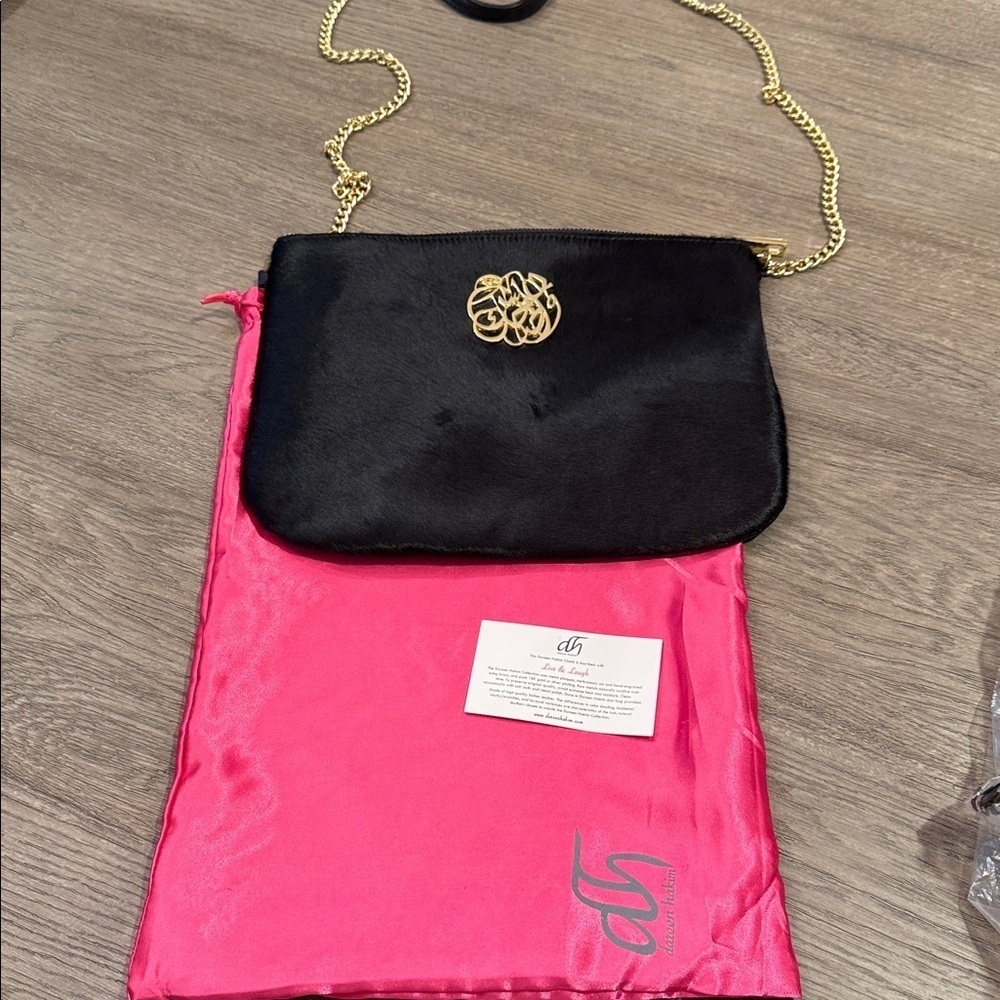 Dareen Hakim ponyskin embossed clutch with gold strap